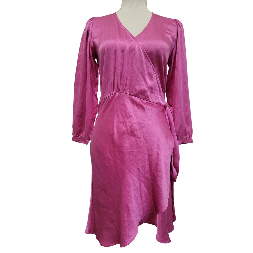 NWT Secret Mission Fluid Satin Pink High Low Long Sleeves Mini Wrap Dress Small